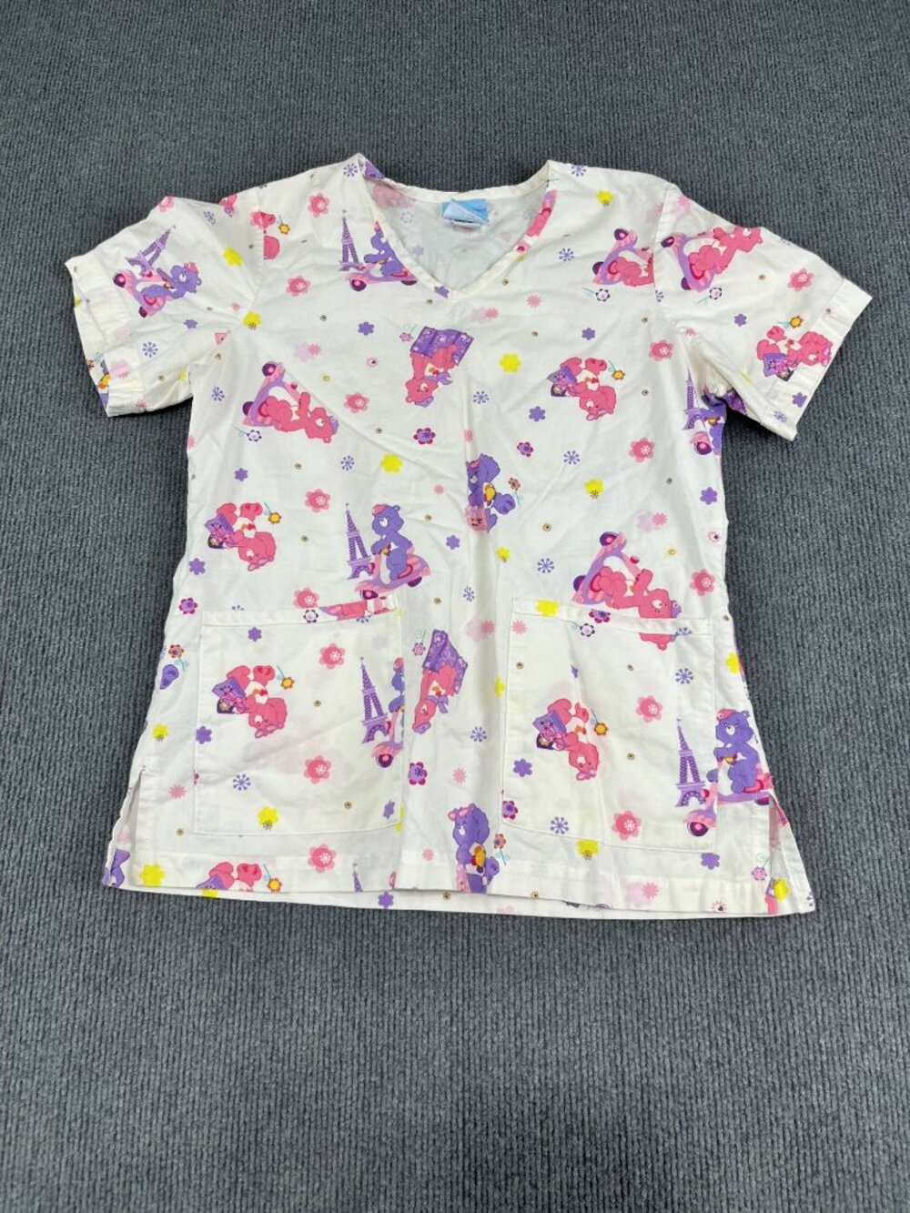 Care Bears Womens Scrub Top Small V-Neck Short Sleeve Floral Print